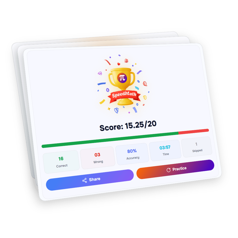 SpeedMath results screen showing score, accuracy, correct answers, time breakdown and share options