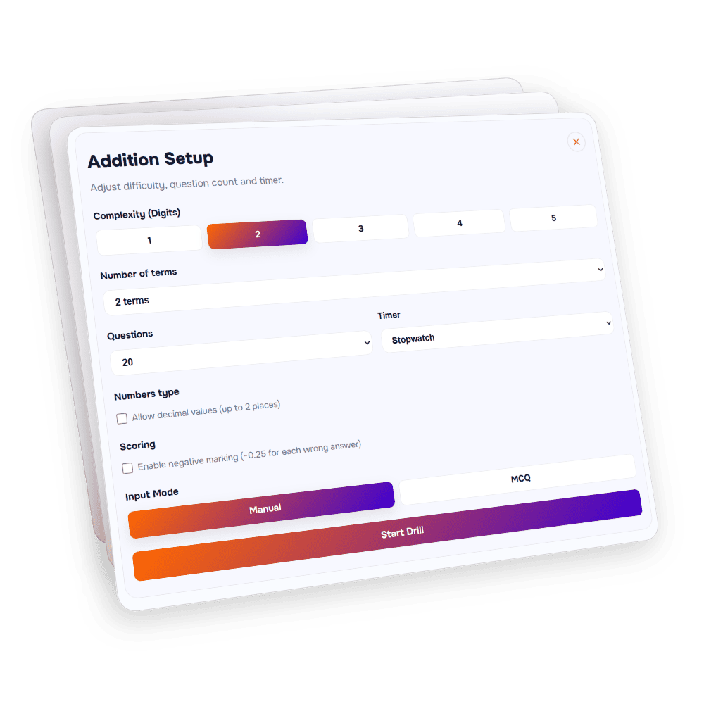 SpeedMath quiz configuration screen with difficulty, questions, timer, and input mode options